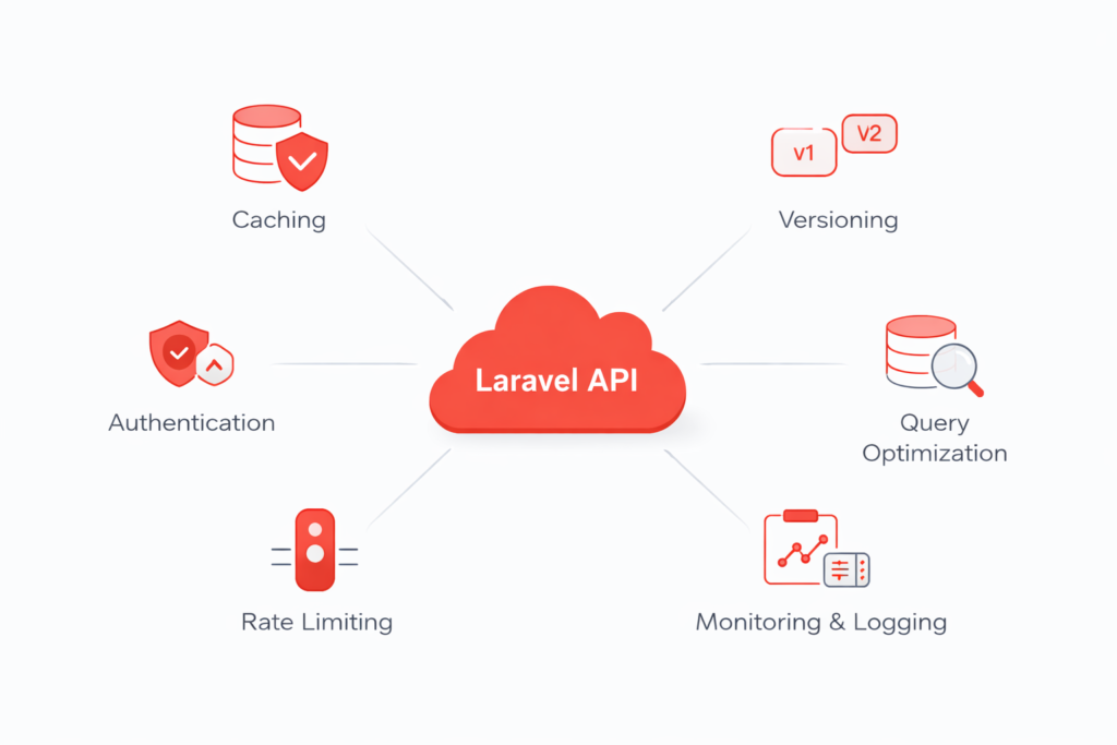 Minimal enterprise-style illustration of Laravel API performance optimization showing a central Laravel API cloud connected to caching, authentication, database query optimization, rate limiting, monitoring, and API versioning icons.