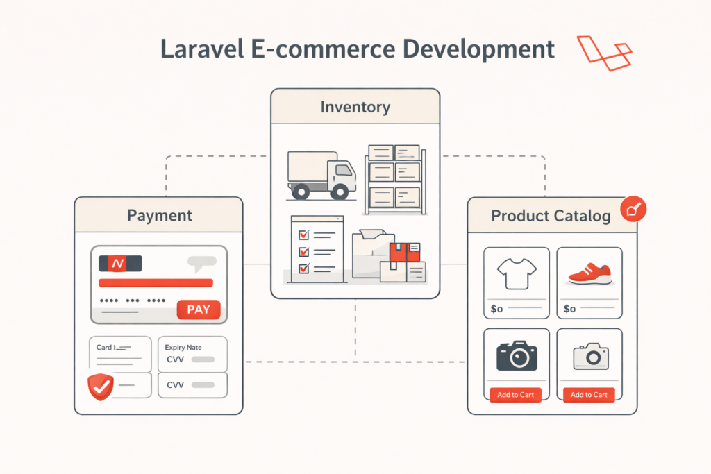 Laravel E-commerce Development illustration showing payment, inventory, and product catalog modules.