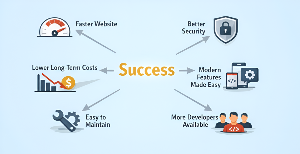 Infographic showing the benefits of Laravel migration services with a central success icon and arrows pointing to Faster Website, Better Security, Lower Long-Term Costs, Easy to Maintain, Modern Features Made Easy, and More Developers Available. White background, clean corporate flat design with Laravel red accents.