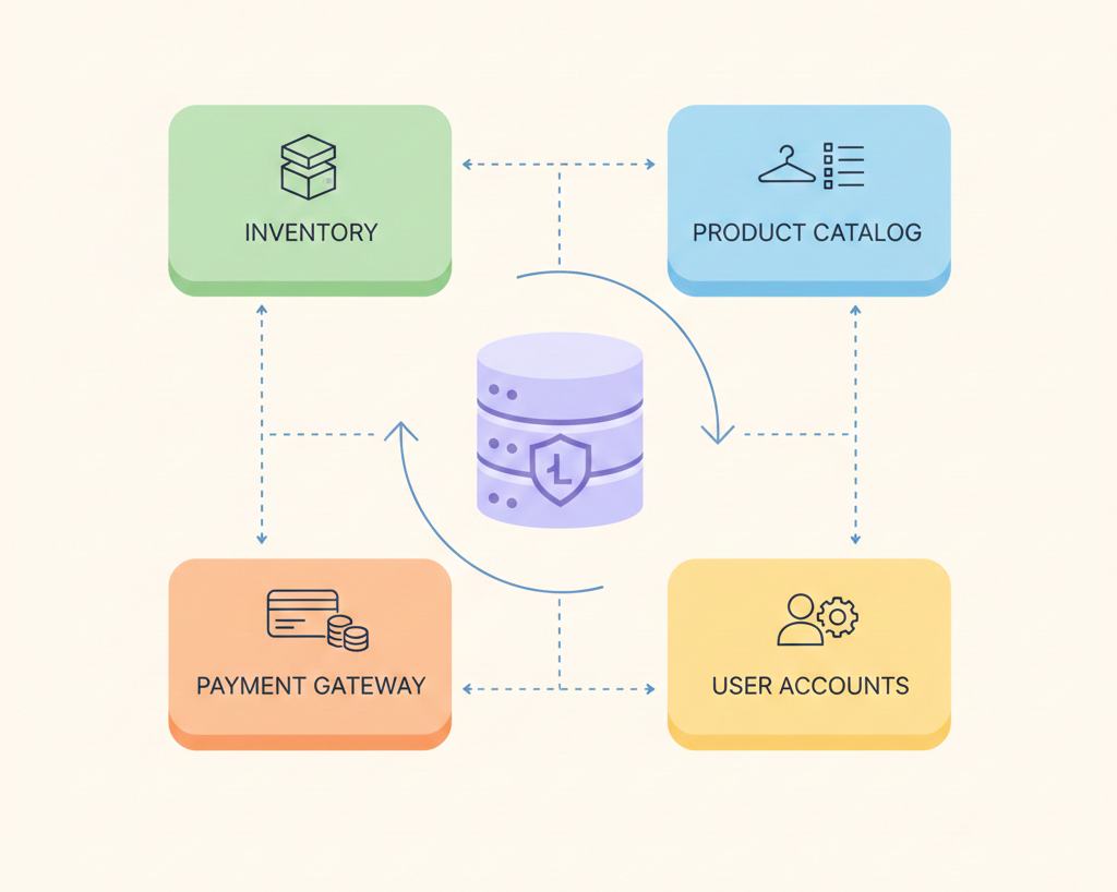 A modern, professional SaaS-style illustration depicting a Laravel-based e-commerce platform. The central server icon represents the platform, with clear connections to key modules: inventory management, product catalog, payment processing, and user accounts. The design uses a light background, flat colors, and subtle Laravel branding, emphasizing a clean, minimal, and easy-to-understand workflow.