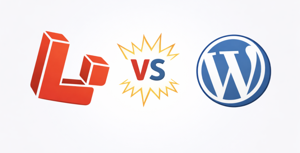 Laravel vs WordPress logos comparison, clean professional design, white background, Laravel and WordPress facing-off.