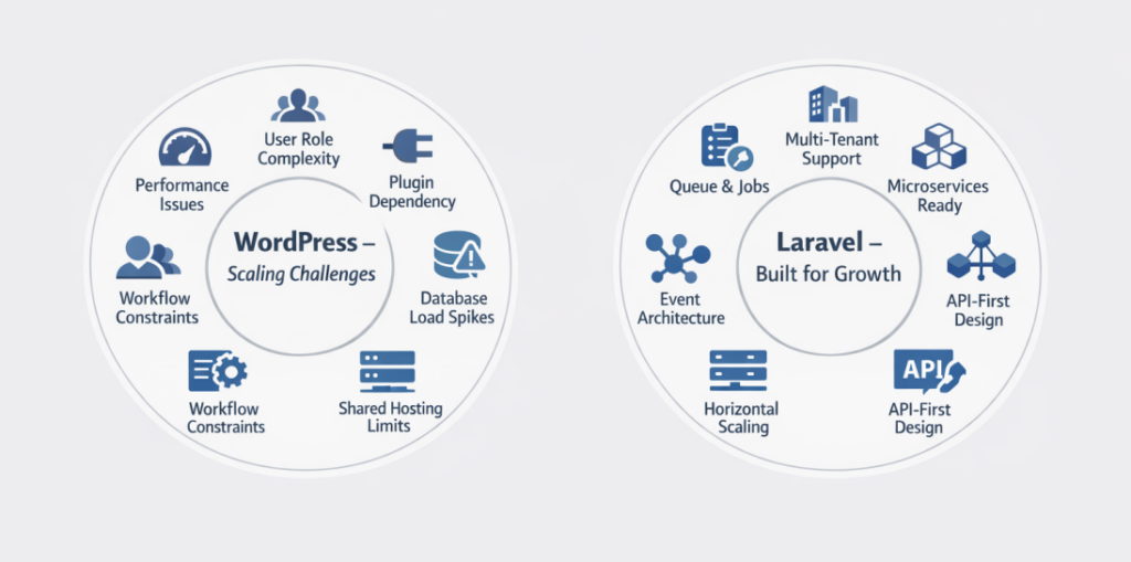 Laravel vs WordPress detailed comparison infographic highlighting performance, scalability, security, and use cases to help businesses choose the right platform in 2026.